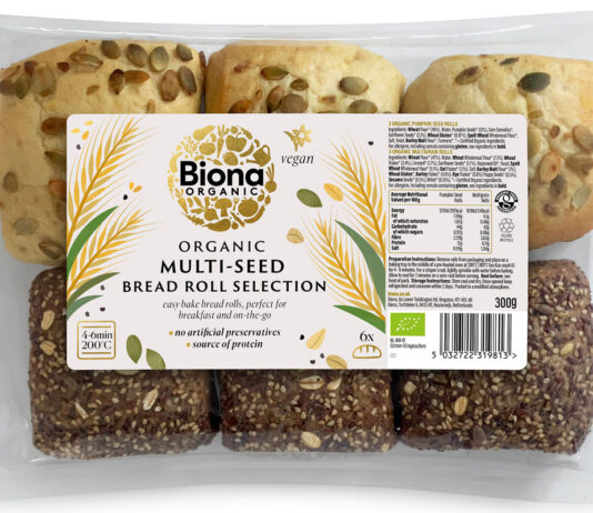 Biona rolls into the bakery category Pack shot of Biona Organic Multi-Seeded Bread Roll Selection.