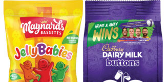 Pack shot of the Cadbury FC Dairy Milk Cadbury Buttons as well as Maynards Bassets Jelly Babies.