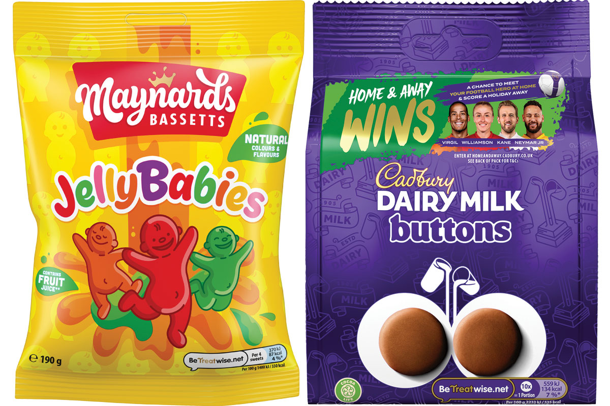 Pack shot of the Cadbury FC Dairy Milk Cadbury Buttons as well as Maynards Bassets Jelly Babies.
