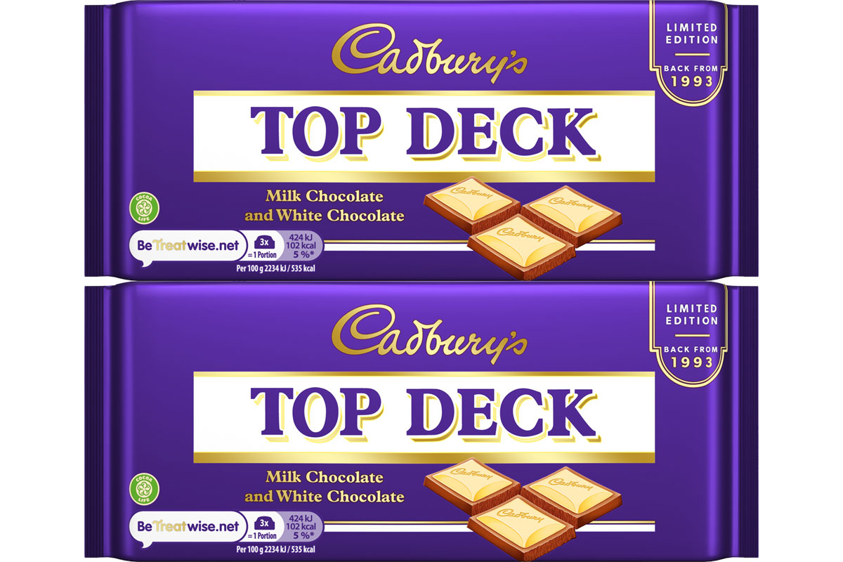 Pack shots of Cadbury Top Deck chocolate bars.