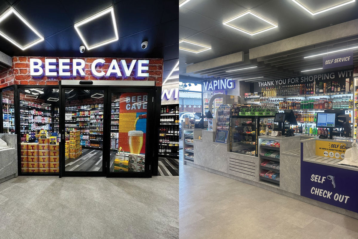 An image of the Premier Beer Cave concept sits on the left with a picture of a store's counter sits on the right.