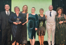 The Premier @ DUSA team accept the award for Sustainability Champion at the Scottish Grocer Awards with John Leslie of Britvic and Scots comedian Elaine C Smith.