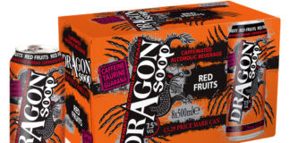 Pack shot of the new Dragon Soop Red Fruits with a can and a bigger pack behind.