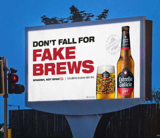 Estrella Galicia builds major Spanish branding investment New marketing material for Estrella Galicia beer on a billboard with a slogan that states 'Don't Fall for Fake Brews'.