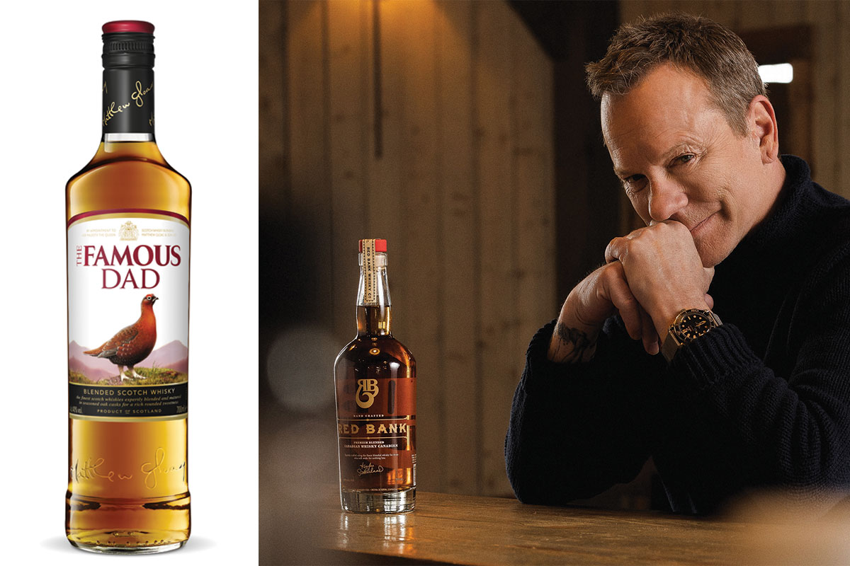 Actor Keifer Sutherland sits at a wooden table with a bottle of Red Bank whisky on the table. To the left of this image is a product shot of The Famous Dad whisky.