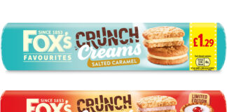 Pack shots of Fox's Crunch Creams Salted Caramel and Fox's Crunch Creams Cherry Bakewell.