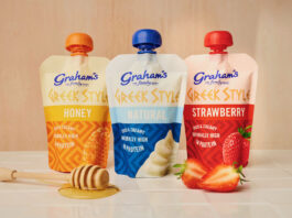 Graham’s goes Greek in new pouches Graham's Family Dairy Greek Yoghurt pouches including Honey, Natural and Strawberry flavours.