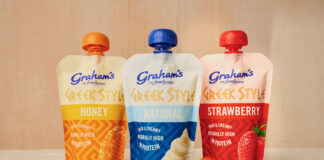 Graham's Family Dairy Greek Yoghurt pouches including Honey, Natural and Strawberry flavours.