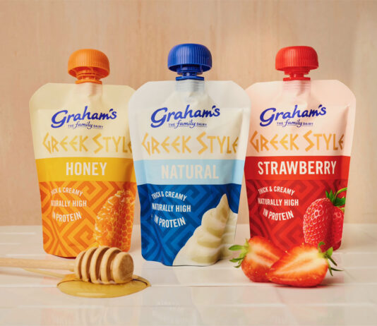 Graham’s goes Greek in new pouches Graham's Family Dairy Greek Yoghurt pouches including Honey, Natural and Strawberry flavours.