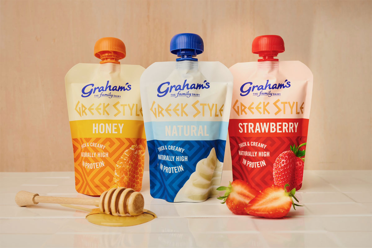 Graham's Family Dairy Greek Yoghurt pouches including Honey, Natural and Strawberry flavours. 