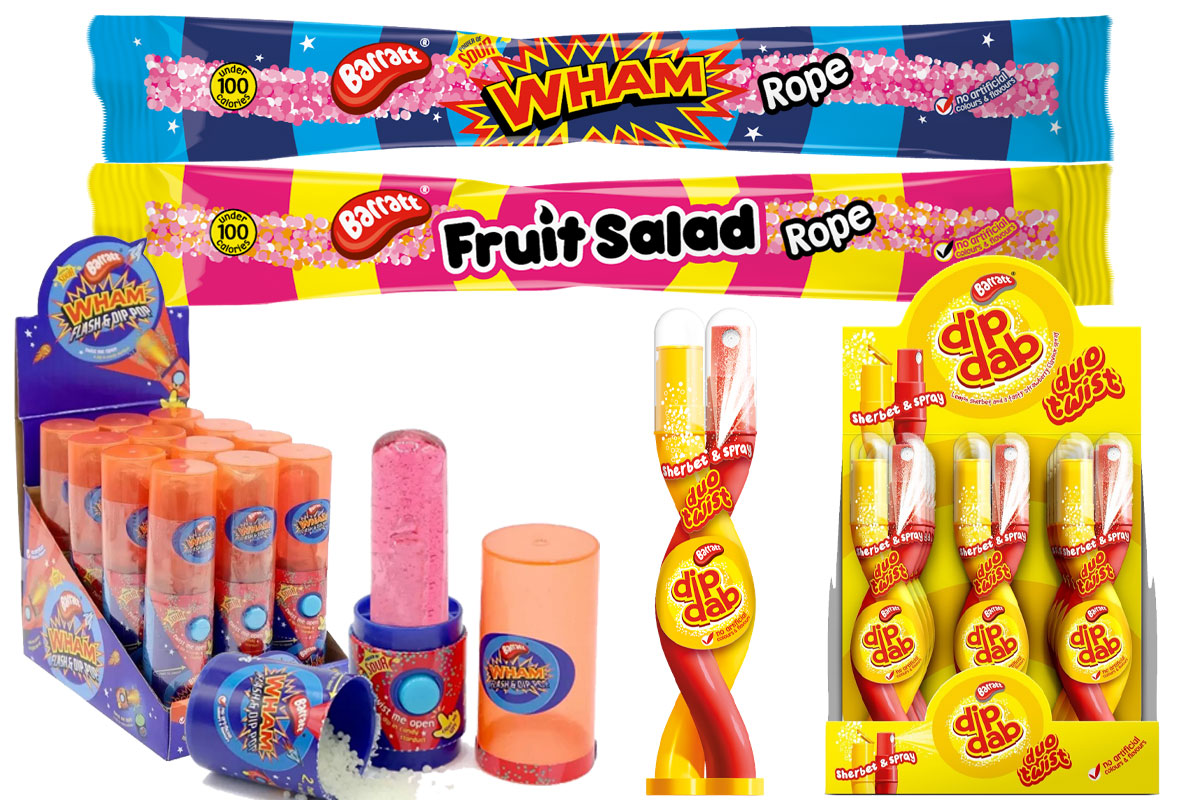 New range of Barratt Sweets including Wham Flash & Dip Pop, Wham Rope, Fruit Salad Rope and Dip Dab Duo Twist. 