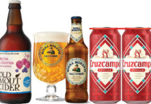 Pack shots of Heineken's global drinks range including a bottle of Old Mout Cider Berries & Cherries Alcohol Free, Birra Moretti Sale di Mare with a glass next to it filled with the beer and a four pack of Cruzcampo cans.