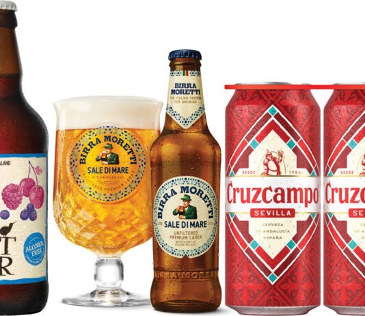 Discover a world of choice with Heineken Pack shots of Heineken's global drinks range including a bottle of Old Mout Cider Berries & Cherries Alcohol Free, Birra Moretti Sale di Mare with a glass next to it filled with the beer and a four pack of Cruzcampo cans.
