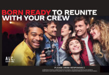 Promotional image for the new Jack Daniel's & Coca-Cola RTD campaign showing a group of friends together enjoying the drink with the tagline 'Born ready to reunite with your crew'.