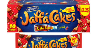 Pack shots of new Jaffa Cakes Cola Bottle 10-pack and Jaffa Cakes Cake Bars Cola Bottle.
