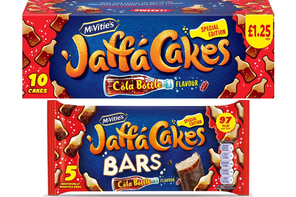Pack shots of Jaffa Cakes Cola Bottle 10-pack as well as Jaffa Cakes Cola Bottle Cake Bars.