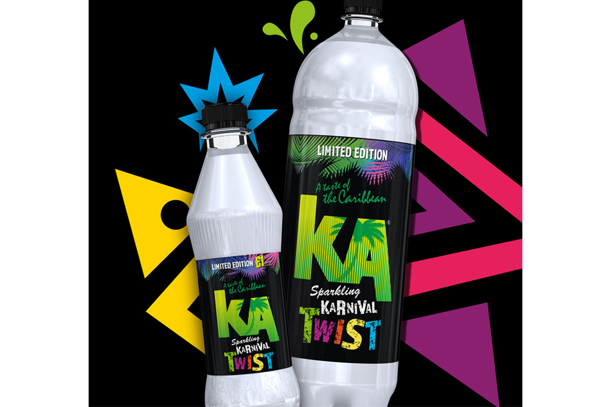 Promotional image for new KA Karnival Twist drinks featuring a 500ml bottle format and 2 litre format.