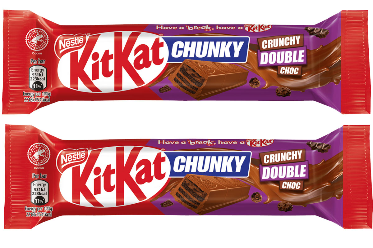 Pack shots of KitKat Chunky Crunchy Double Choc bars.