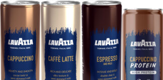Lavazza canned coffee range including pack shots of its Capuccino, Caffe Latte, Espresso and Milk and Capuccino with Protein.