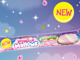 Swizzels has a Marvellous new Mallow launch Advert for Swizzels Marvellous Mallows countline product with a pink and purple background with stars with a yellow bubble with the word New inside it.