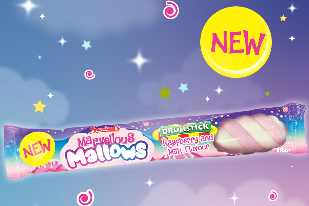 Advert for Swizzels Marvellous Mallows countline product with a pink and purple background with stars with a yellow bubble with the word New inside it.