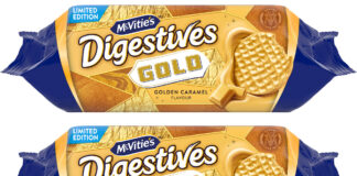 Pack shots of McVitie's Digestives Gold biscuits.