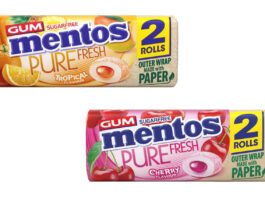 Mentos doubles on gum in new packs Pack shots of Mentos Gum Duo packs with Tropical and Cherry flavours.