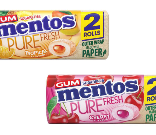 Mentos doubles on gum in new packs Pack shots of Mentos Gum Duo packs with Tropical and Cherry flavours.