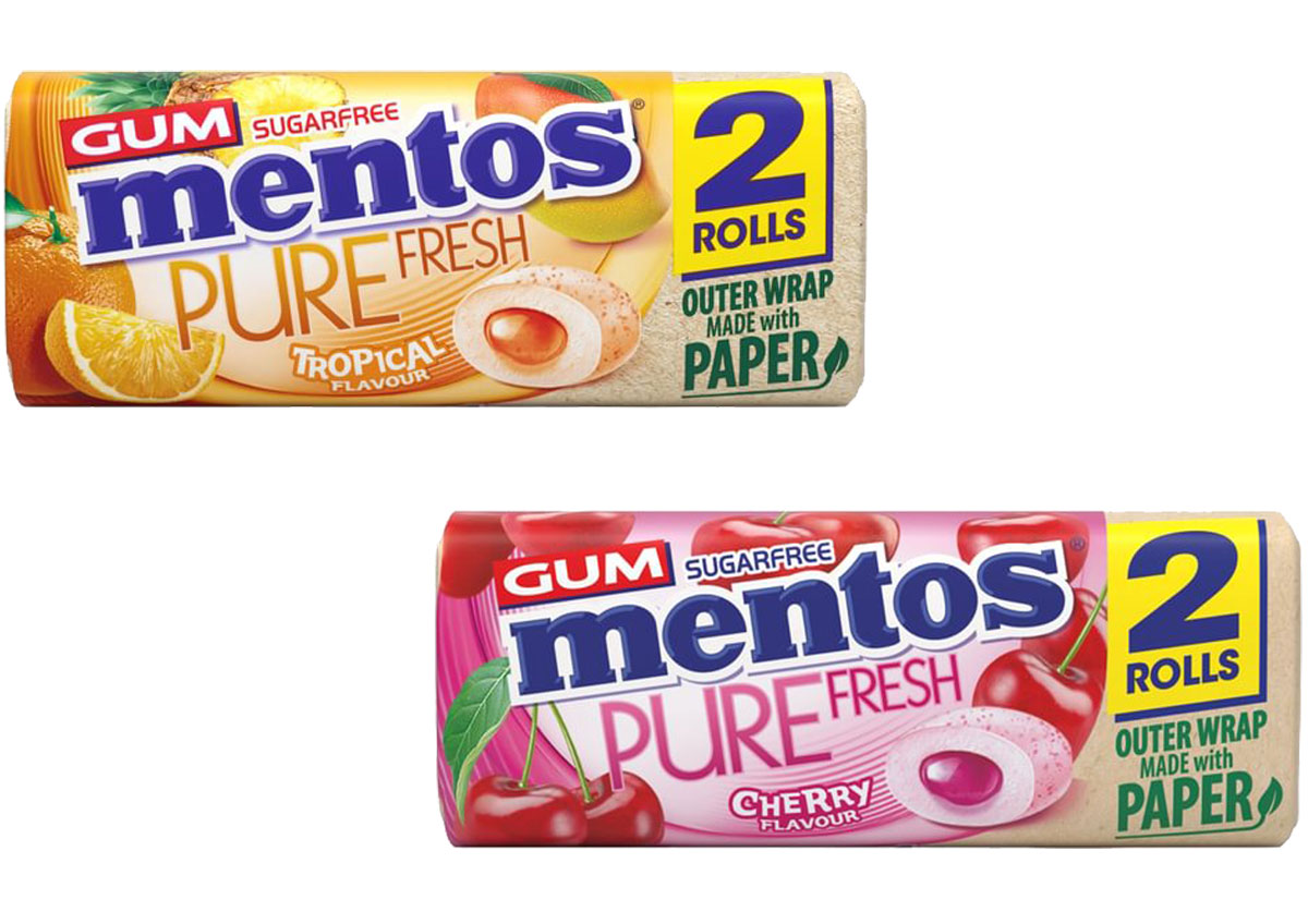 Pack shots of Mentos Gum Duo packs with Tropical and Cherry flavours.