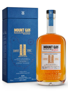 Pack shot of Mount Gay The Coffey Still Expression with the bottle sitting outside its blue box.
