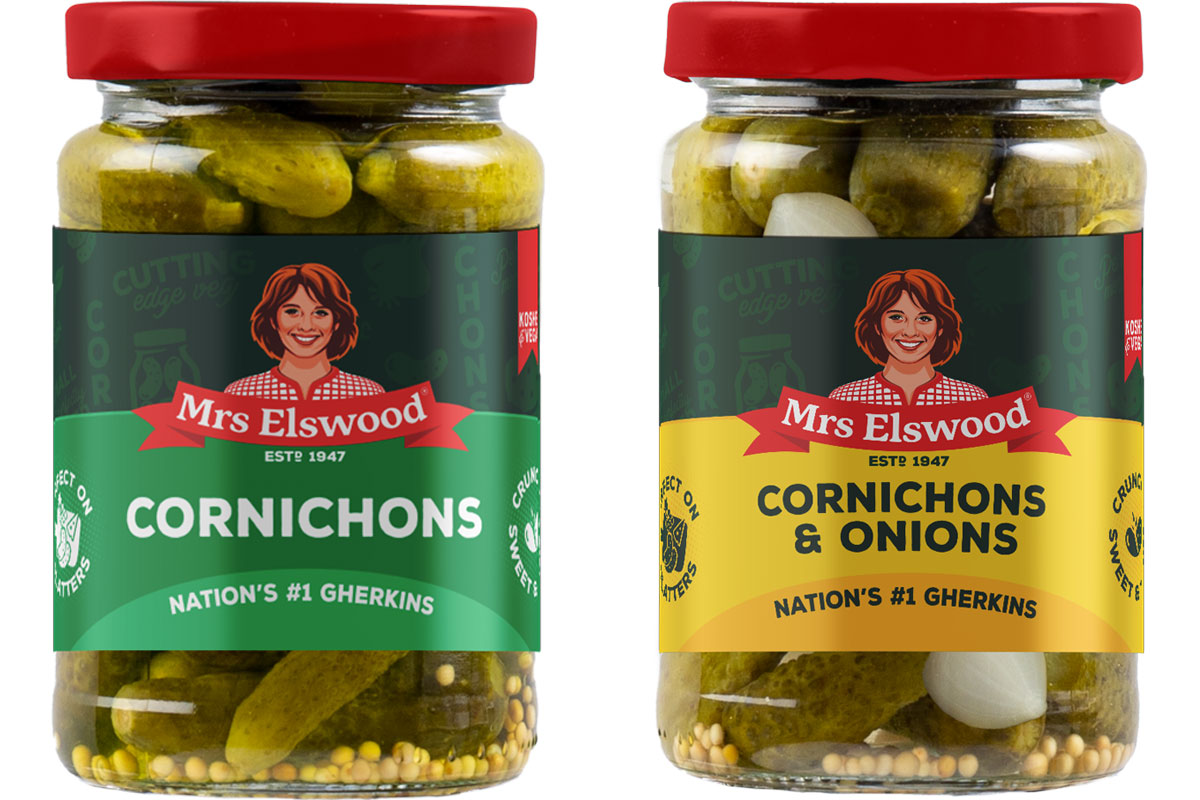 Pack shots of new Mrs Elswood Cornichons and Mrs Elswood Cornichons and Onions jars.