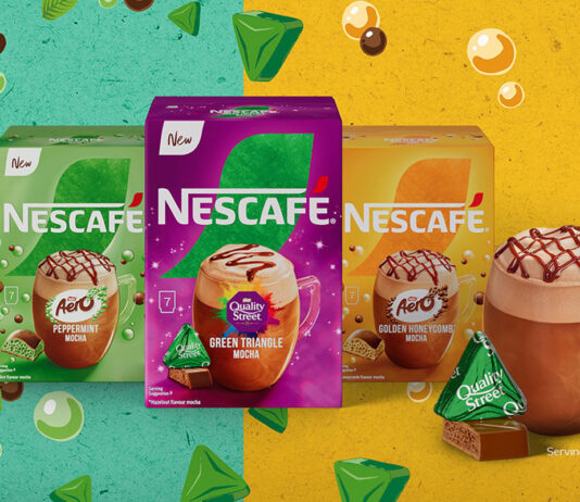 Nescafé teams up with Nestlé chocolate brands Promotional image of Nescafé brand partnership with Nestlé chocolate brands Quality Street and Aero.