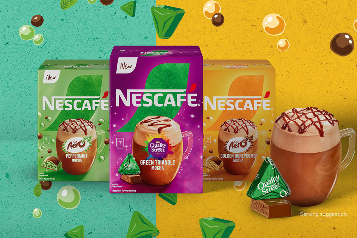 Promotional image of Nescafé brand partnership with Nestlé chocolate brands Quality Street and Aero.