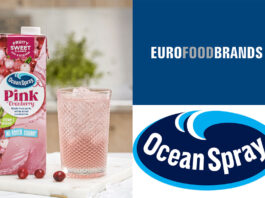Ocean Spray teams up with Euro Food Brands A carton of Ocean Spray Pink Cranberry sits next to a glass filled with the drink with logos for Euro Food Brands and Ocean Spray next to the image.
