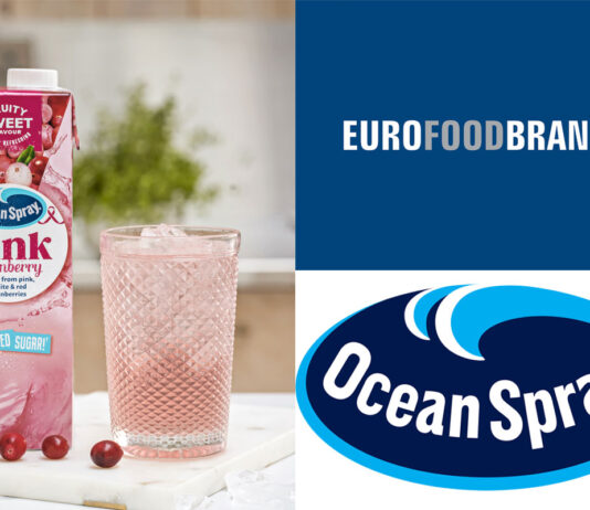 Ocean Spray teams up with Euro Food Brands A carton of Ocean Spray Pink Cranberry sits next to a glass filled with the drink with logos for Euro Food Brands and Ocean Spray next to the image.