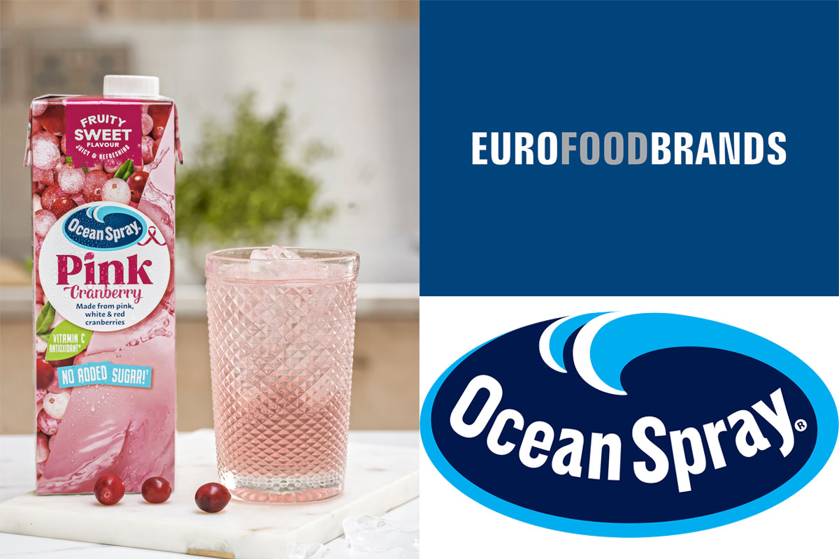 A carton of Ocean Spray Pink Cranberry sits next to a glass filled with the drink with logos for Euro Food Brands and Ocean Spray next to the image.