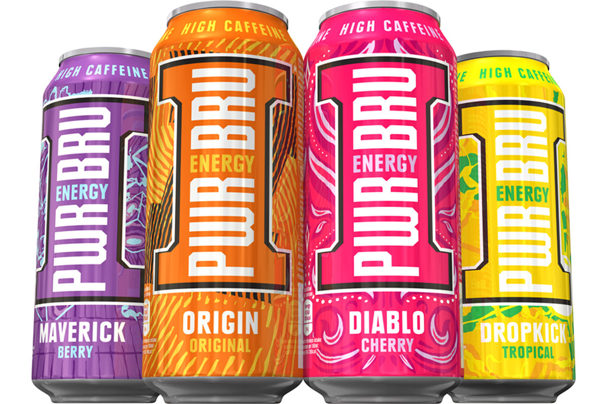 Pack shots of PWR BRU energy drinks range.