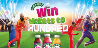 Promotional image for Robinsons Ready To Drink range partnership with The Hundred to advertise hundreds of tickets to be won.