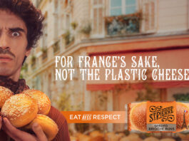 St Pierre loafs it onto the small screen in campaign Visual from the St Pierre ATL campaign featuring a man holding sesame seed brioche burger buns with a pack of St Pierre Sesame Seed Burger Buns in the bottom left with the phrase "For France's sake, not the plastic cheese'