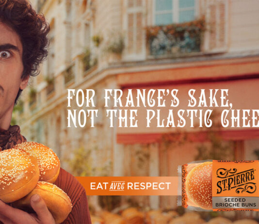 St Pierre loafs it onto the small screen in campaign Visual from the St Pierre ATL campaign featuring a man holding sesame seed brioche burger buns with a pack of St Pierre Sesame Seed Burger Buns in the bottom left with the phrase "For France's sake, not the plastic cheese'