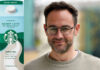 A product shot of Starbucks Skinny Latte Chilled Coffee is next to Adam Hacking, head of beverages at Arla Foods.