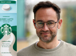 Starbucks brings a chilled offer in the morning A product shot of Starbucks Skinny Latte Chilled Coffee is next to Adam Hacking, head of beverages at Arla Foods.