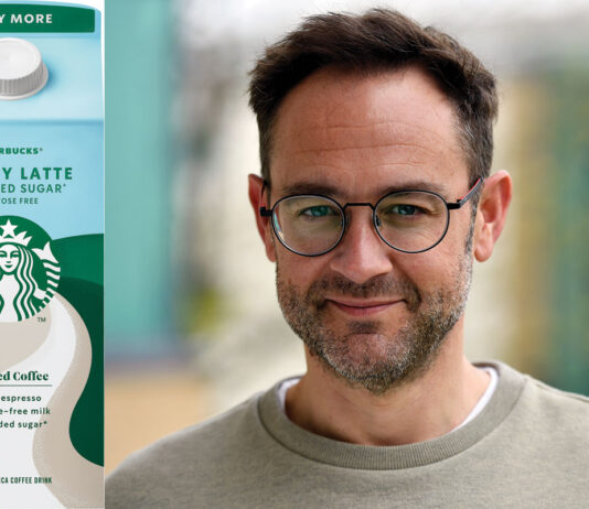 Starbucks brings a chilled offer in the morning A product shot of Starbucks Skinny Latte Chilled Coffee is next to Adam Hacking, head of beverages at Arla Foods.
