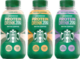 Starbucks gains with new Protein Drinks Pack shots of the new Starbucks Protein Drink with Coffee range in three flavours including Caffe Latte, Chocolate Mocha and Caramel Hazelnut.
