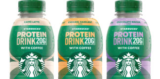 Pack shots of the new Starbucks Protein Drink with Coffee range in three flavours including Caffe Latte, Chocolate Mocha and Caramel Hazelnut.