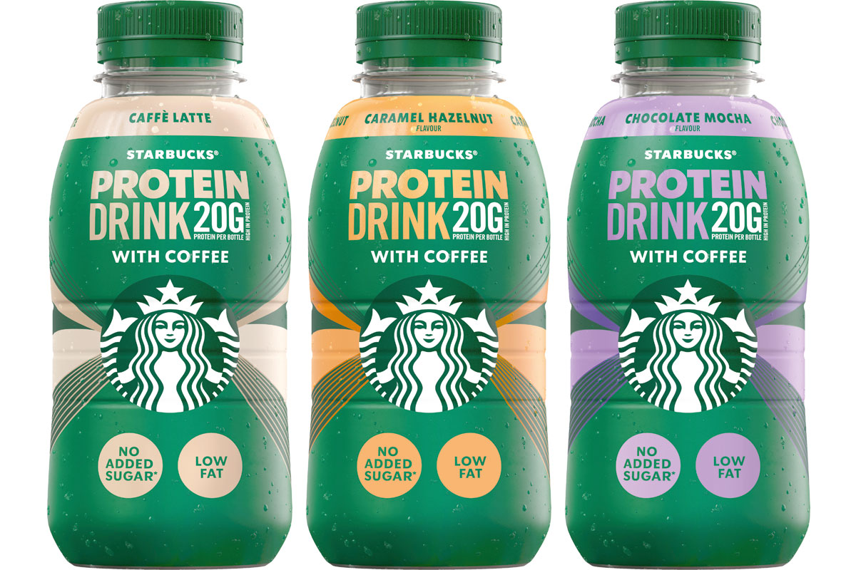 Pack shots of the new Starbucks Protein Drink with Coffee range in three flavours including Caffe Latte, Chocolate Mocha and Caramel Hazelnut.