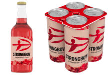 Pack shots of the new Strongbow Strawberry including a single 500ml bottle as well as a four pack of 440ml cans.