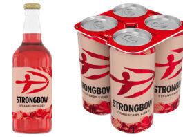 Strongbow strings up Strawberry Pack shots of the new Strongbow Strawberry including a single 500ml bottle as well as a four pack of 440ml cans.