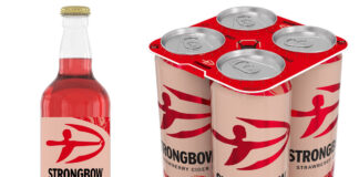 Pack shots of the new Strongbow Strawberry including a single 500ml bottle as well as a four pack of 440ml cans.