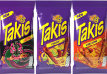 Takis range of crisps including Dragon Sweet Chilli, Fuego and Volcano variants.